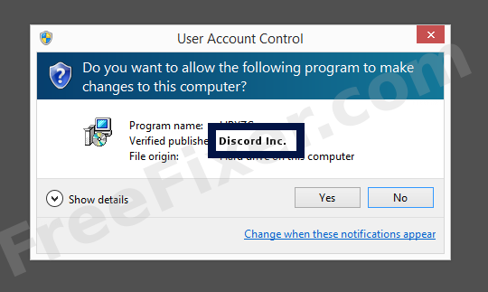 Screenshot where Discord Inc. appears as the verified publisher in the UAC dialog